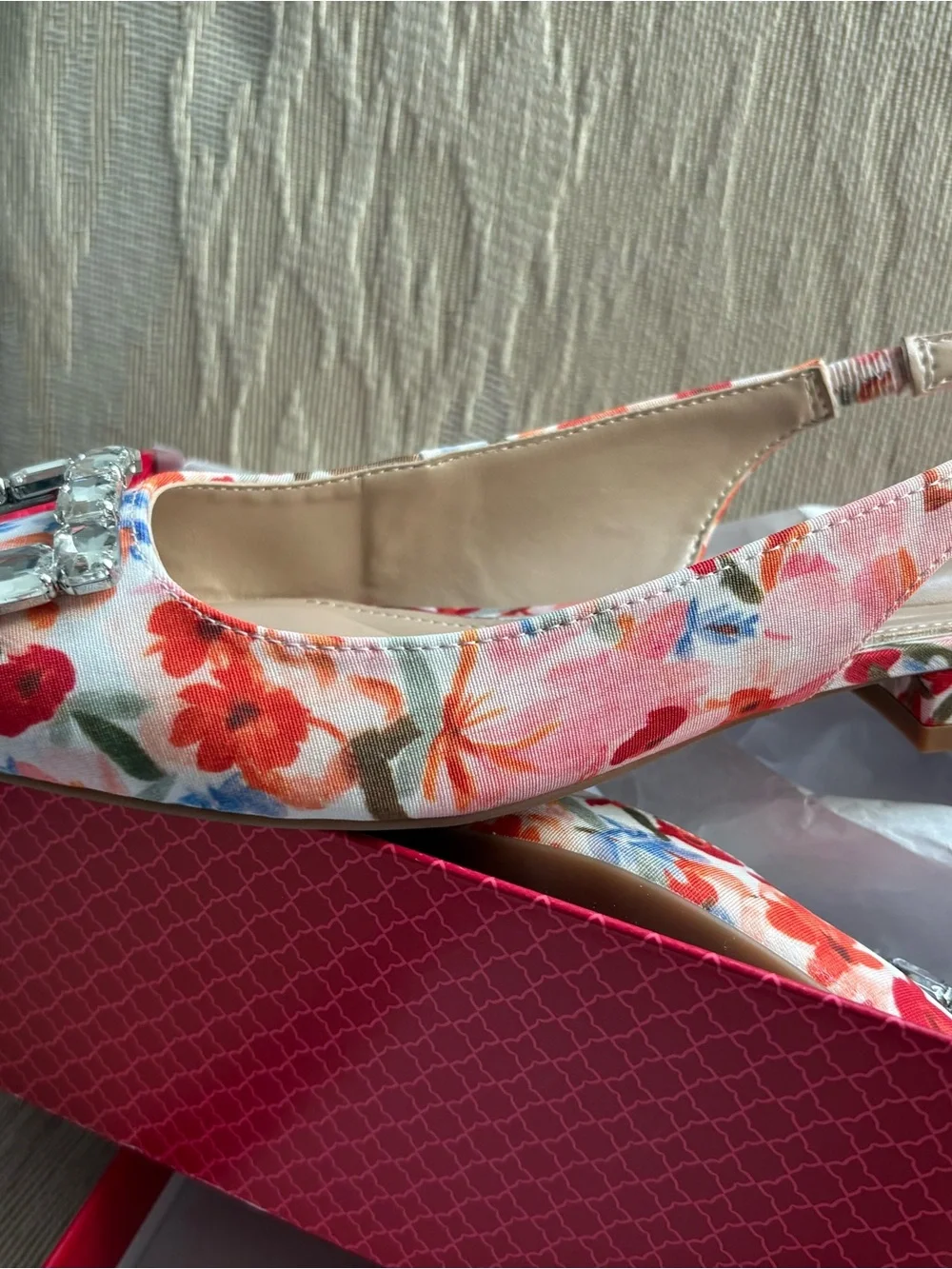 Kelly & Katie Floral Slingback Flat in Cream with Pink & Orange Flowers